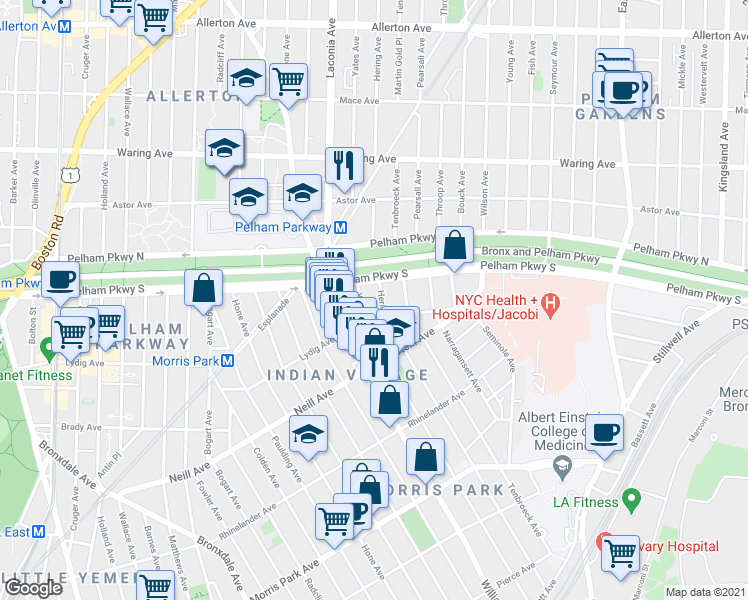 map of restaurants, bars, coffee shops, grocery stores, and more near 1176 Pelham Parkway South in The Bronx