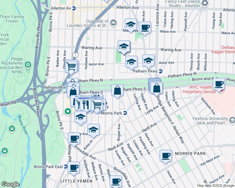 map of restaurants, bars, coffee shops, grocery stores, and more near in The Bronx