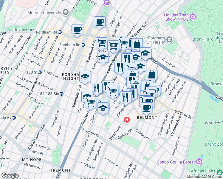 map of restaurants, bars, coffee shops, grocery stores, and more near 451 East 185th Street in The Bronx