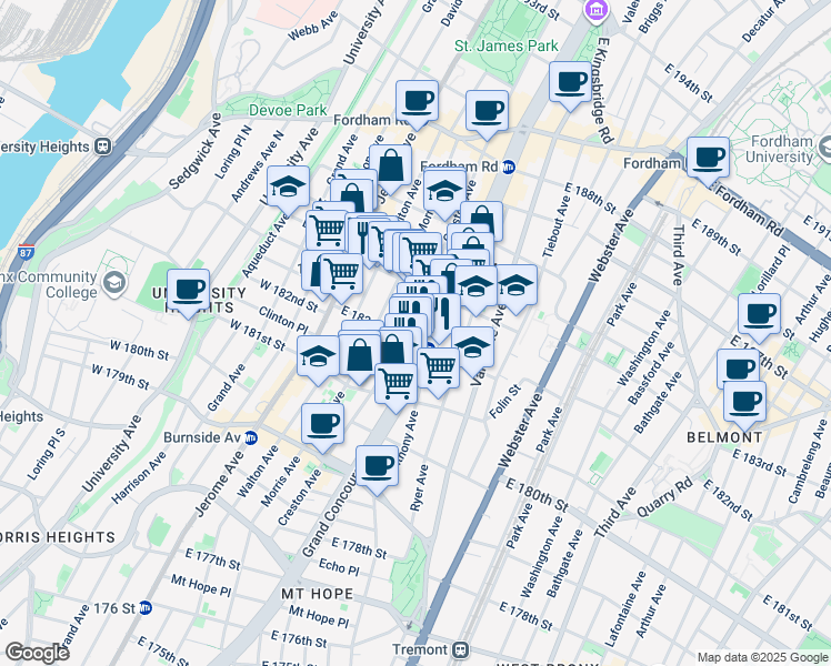 map of restaurants, bars, coffee shops, grocery stores, and more near 2244 Morris Avenue in Bronx