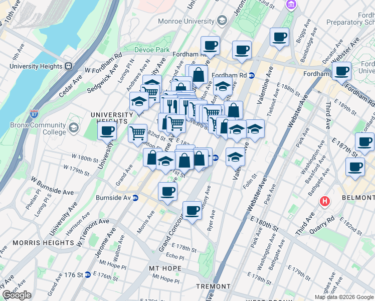 map of restaurants, bars, coffee shops, grocery stores, and more near in The Bronx