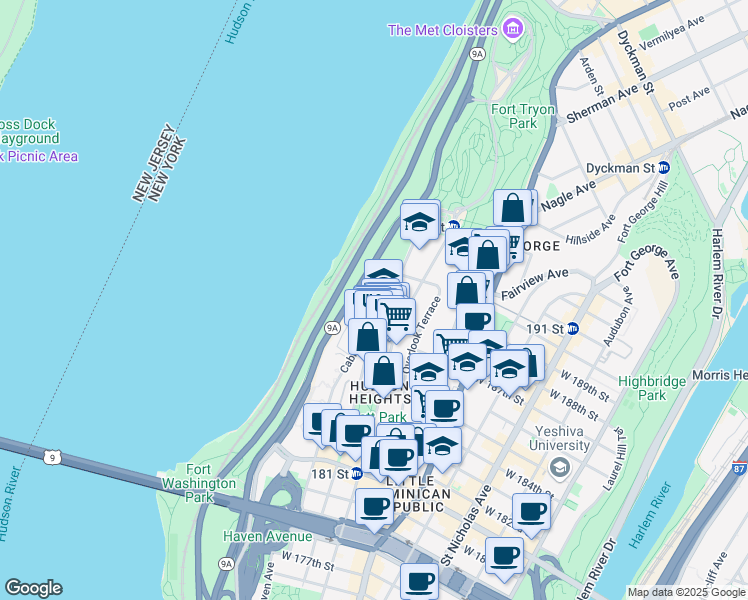 map of restaurants, bars, coffee shops, grocery stores, and more near 360 Cabrini Boulevard in New York
