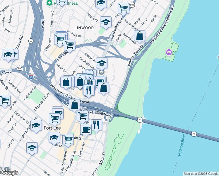 map of restaurants, bars, coffee shops, grocery stores, and more near 2193 North Central Road in Fort Lee