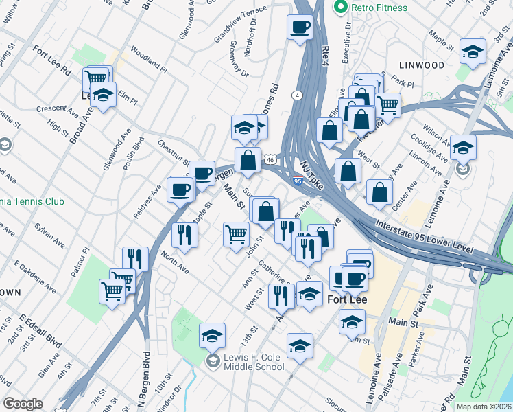 map of restaurants, bars, coffee shops, grocery stores, and more near in Fort Lee
