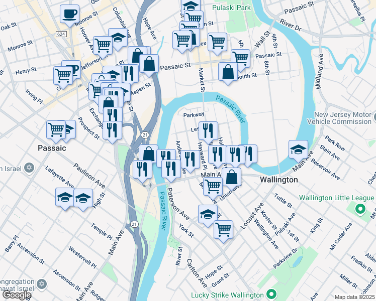 map of restaurants, bars, coffee shops, grocery stores, and more near 47 Anderson Avenue in Wallington