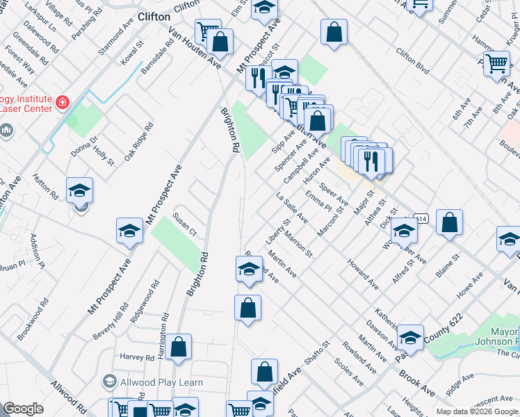 map of restaurants, bars, coffee shops, grocery stores, and more near 100 Campbell Avenue in Clifton