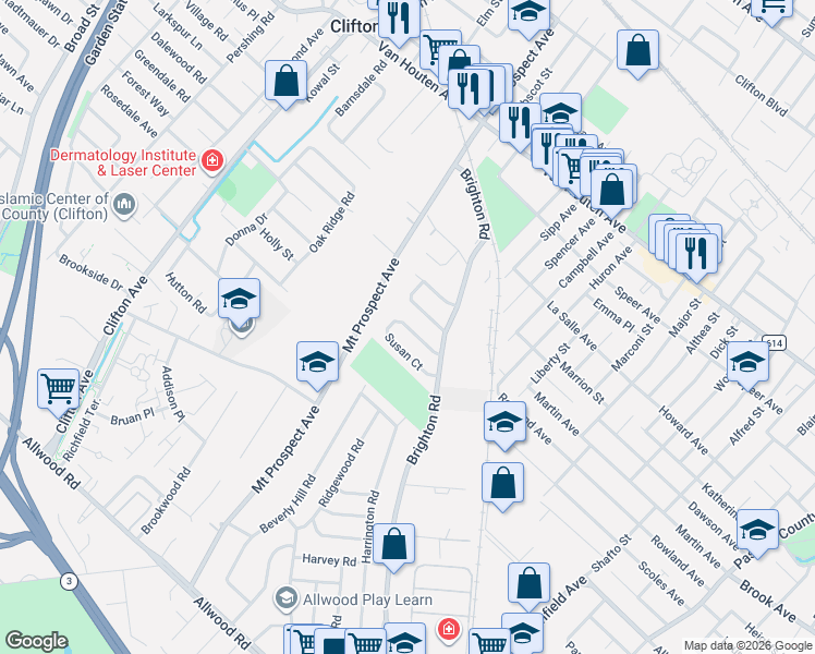 map of restaurants, bars, coffee shops, grocery stores, and more near 26 Meadow Lane in Clifton
