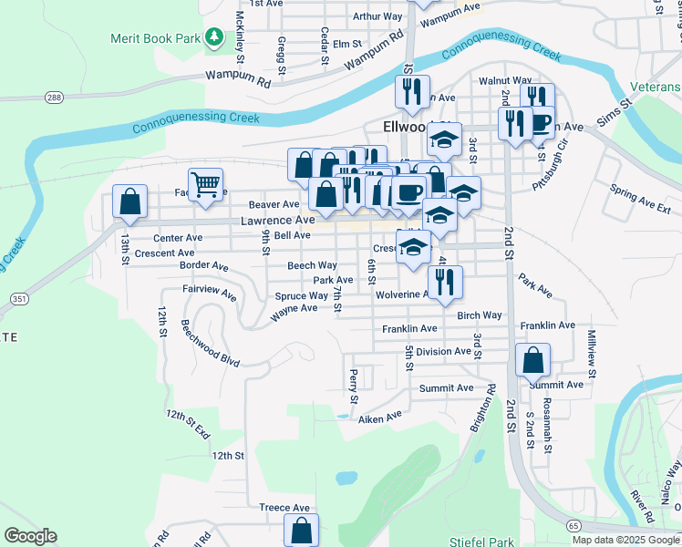 map of restaurants, bars, coffee shops, grocery stores, and more near 415 7th Street in Ellwood City