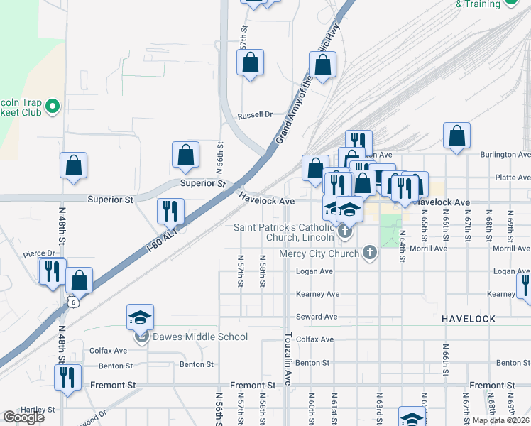 map of restaurants, bars, coffee shops, grocery stores, and more near 4327 North 58th Street in Lincoln