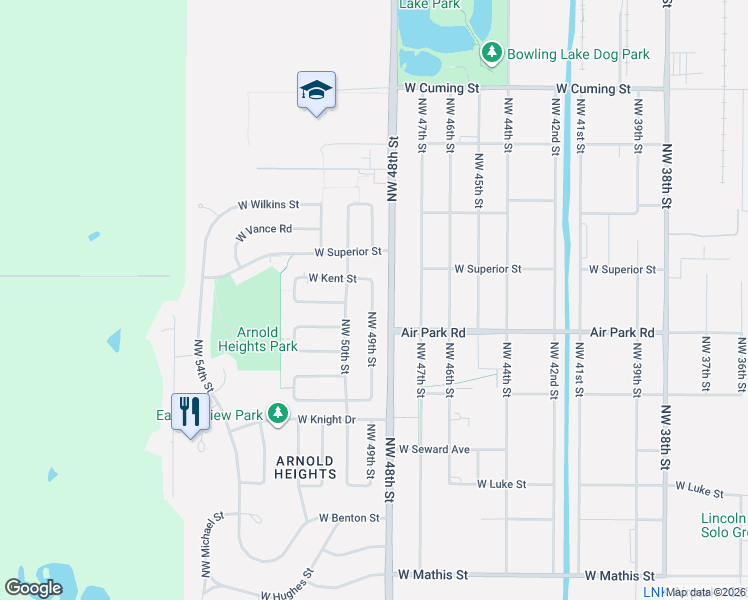 map of restaurants, bars, coffee shops, grocery stores, and more near 4248 Northwest 49th Street in Lincoln