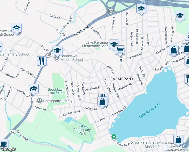 map of restaurants, bars, coffee shops, grocery stores, and more near 195 Longport Road in Parsippany-Troy Hills