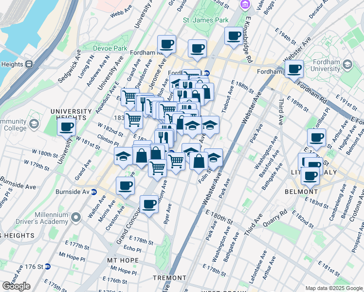 map of restaurants, bars, coffee shops, grocery stores, and more near 2236 Grand Concourse in The Bronx