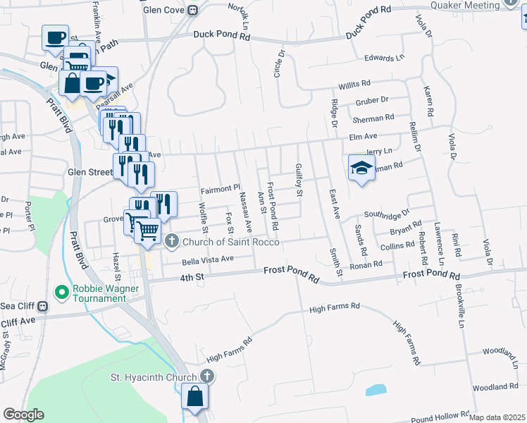 map of restaurants, bars, coffee shops, grocery stores, and more near Ann Street in Glen Cove