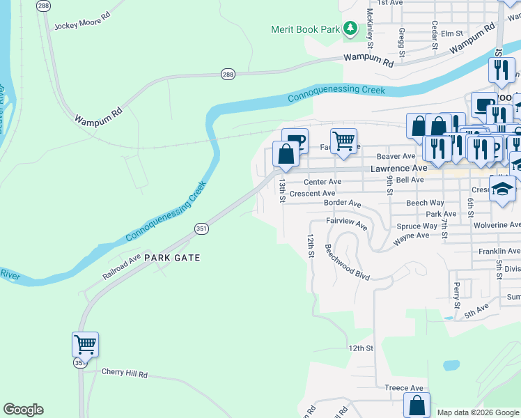 map of restaurants, bars, coffee shops, grocery stores, and more near 416 15th Street in Ellwood City