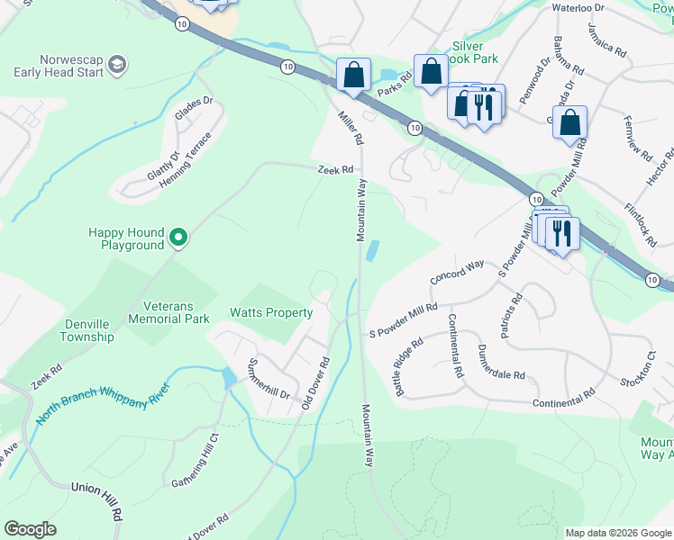 map of restaurants, bars, coffee shops, grocery stores, and more near 740 Mountain Way in Morris Plains