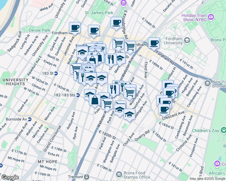 map of restaurants, bars, coffee shops, grocery stores, and more near 382 East 184th Street in The Bronx