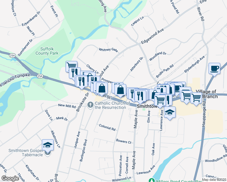 map of restaurants, bars, coffee shops, grocery stores, and more near 35 Elliott Place in Smithtown
