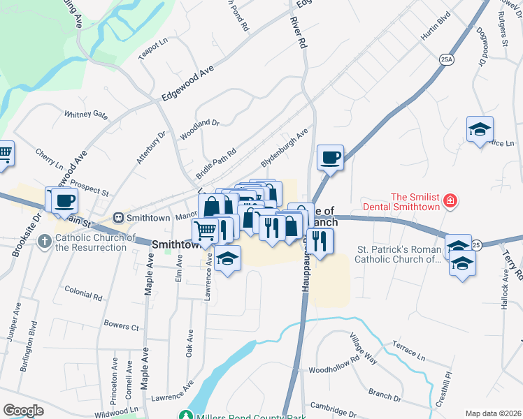 map of restaurants, bars, coffee shops, grocery stores, and more near 34 Gazebo Lane in Smithtown