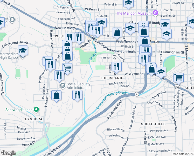 map of restaurants, bars, coffee shops, grocery stores, and more near 529 West Wayne Street in Butler