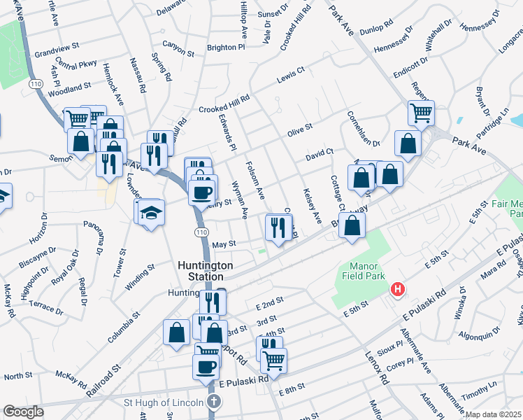 map of restaurants, bars, coffee shops, grocery stores, and more near 73 Northridge Street in Huntington Station