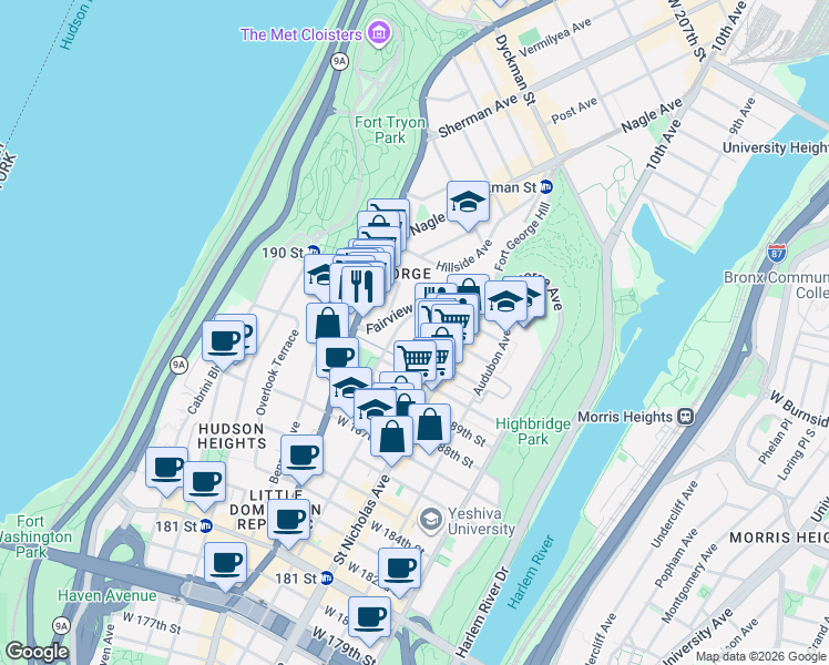 map of restaurants, bars, coffee shops, grocery stores, and more near 82-76 Wadsworth Terrace in New York