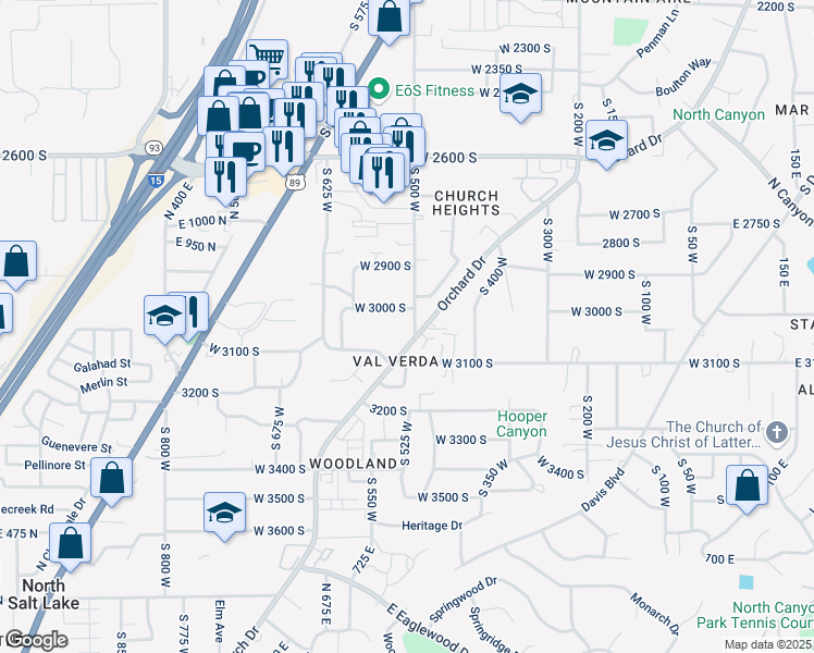 map of restaurants, bars, coffee shops, grocery stores, and more near 3022 South 500 West in Bountiful