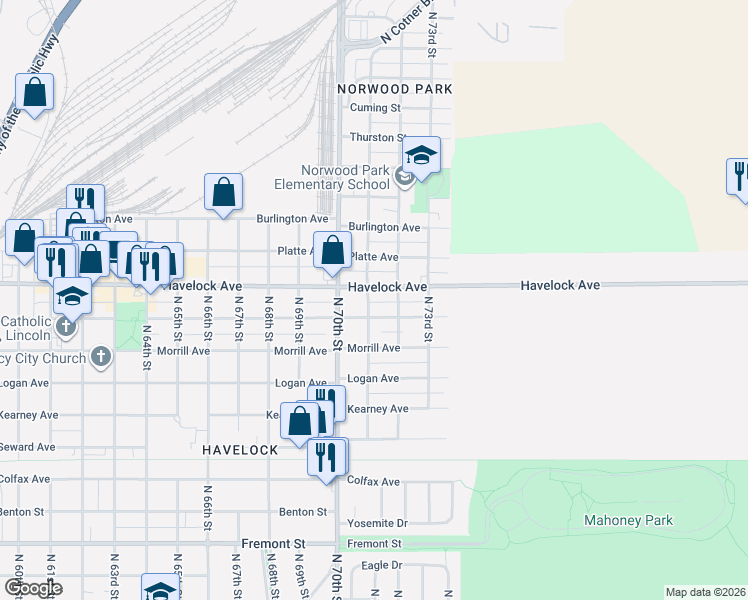 map of restaurants, bars, coffee shops, grocery stores, and more near 4328 North 71st Street in Lincoln