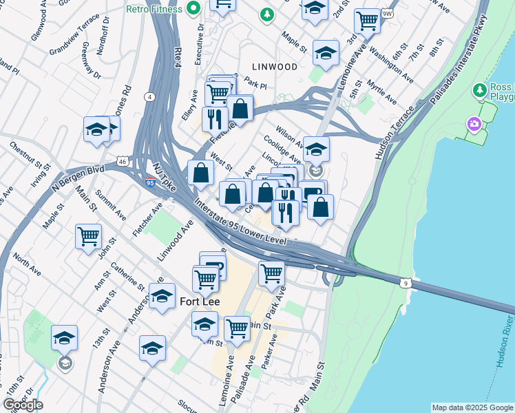 map of restaurants, bars, coffee shops, grocery stores, and more near 2160 Center Avenue in Fort Lee