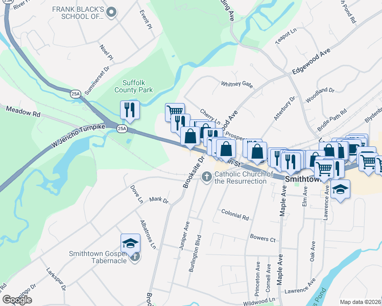 map of restaurants, bars, coffee shops, grocery stores, and more near 270 West Main Street in Smithtown