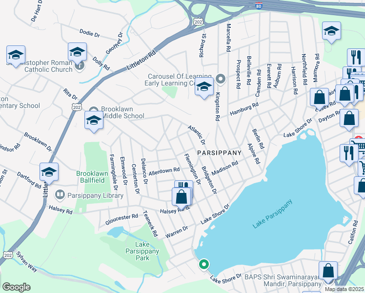 map of restaurants, bars, coffee shops, grocery stores, and more near 176 Flemington Drive in Parsippany-Troy Hills