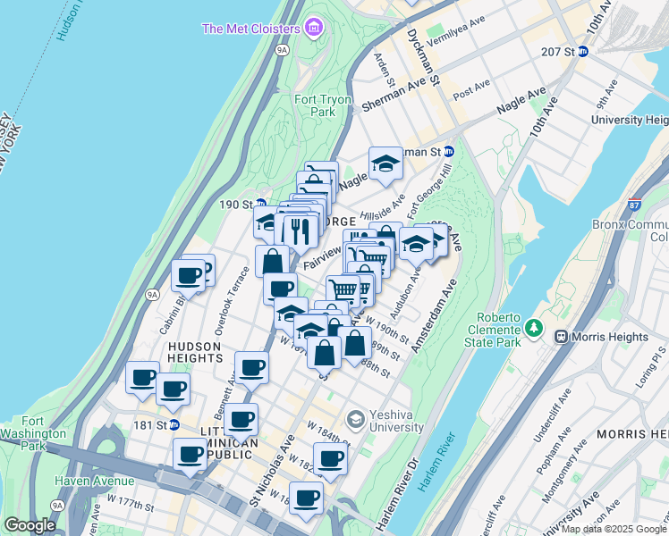 map of restaurants, bars, coffee shops, grocery stores, and more near 82-76 Wadsworth Terrace in New York