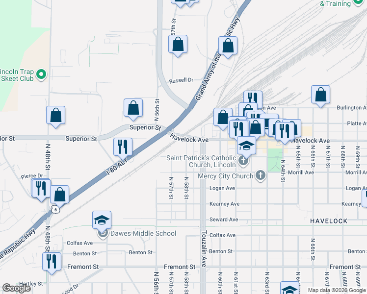 map of restaurants, bars, coffee shops, grocery stores, and more near 4327 North 58th Street in Lincoln