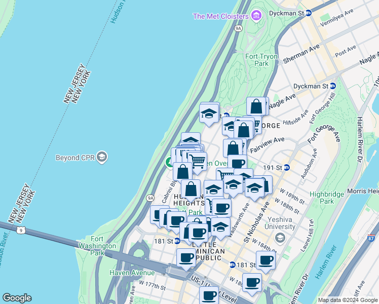 map of restaurants, bars, coffee shops, grocery stores, and more near 350 Cabrini Boulevard in New York