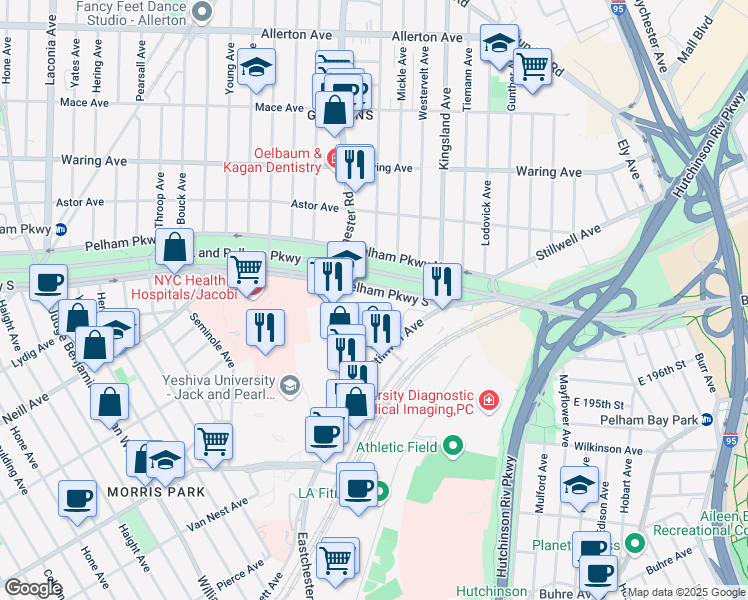 map of restaurants, bars, coffee shops, grocery stores, and more near 1540 Pelham Parkway South in Bronx