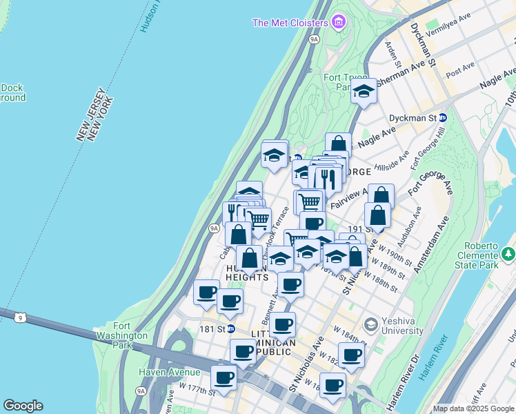 map of restaurants, bars, coffee shops, grocery stores, and more near 349 Cabrini Boulevard in New York