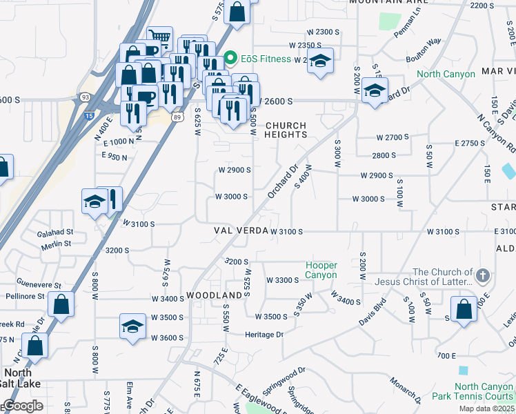 map of restaurants, bars, coffee shops, grocery stores, and more near 3051 500 West in Bountiful