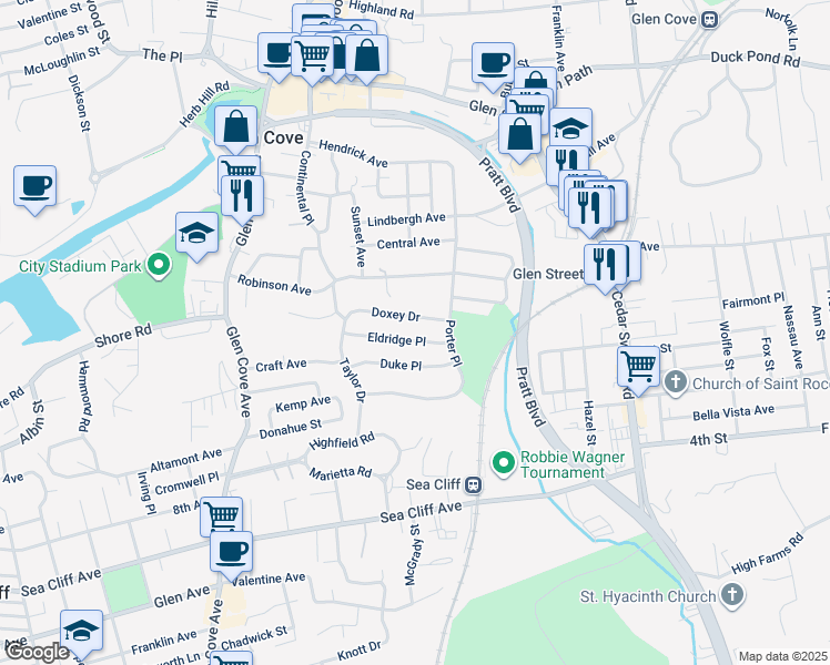map of restaurants, bars, coffee shops, grocery stores, and more near 18 Doxey Drive in Glen Cove