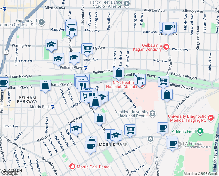 map of restaurants, bars, coffee shops, grocery stores, and more near 1204 Pelham Parkway South in Bronx
