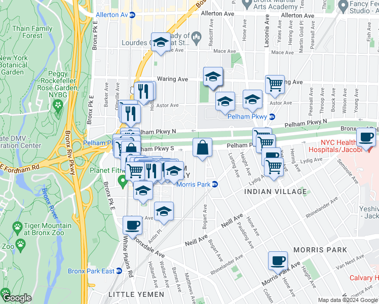 map of restaurants, bars, coffee shops, grocery stores, and more near in The Bronx