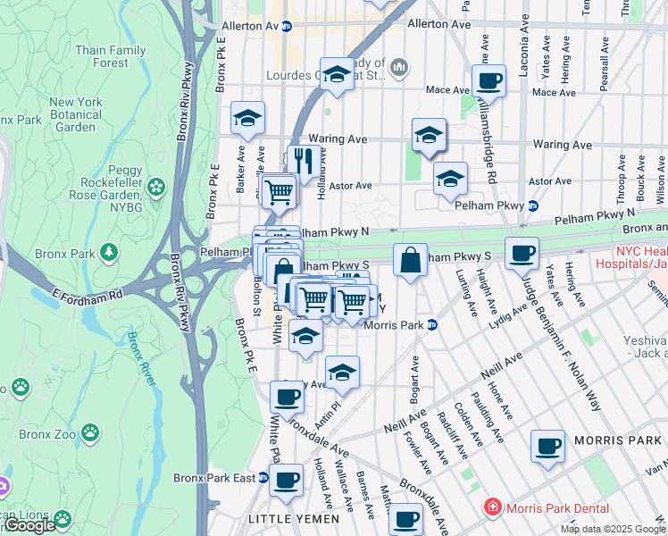 map of restaurants, bars, coffee shops, grocery stores, and more near in Bronx