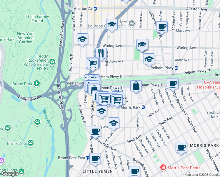 map of restaurants, bars, coffee shops, grocery stores, and more near in Bronx