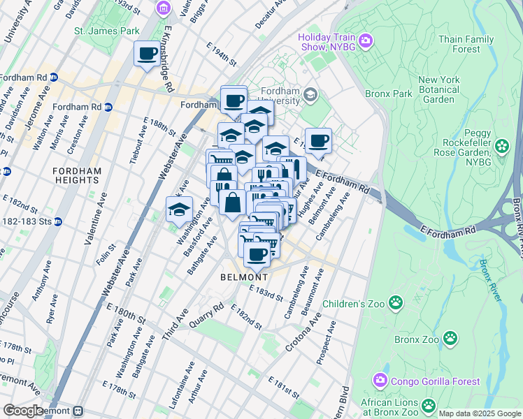 map of restaurants, bars, coffee shops, grocery stores, and more near in The Bronx