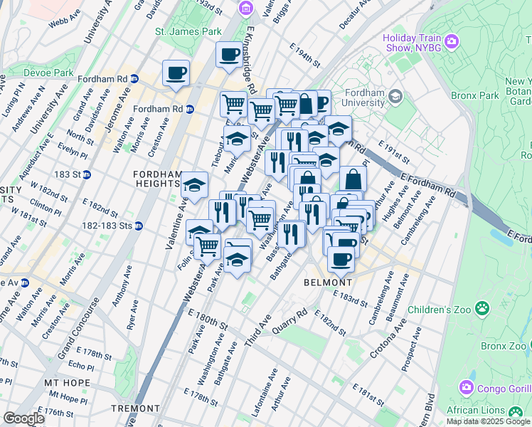 map of restaurants, bars, coffee shops, grocery stores, and more near 451 East 185th Street in The Bronx