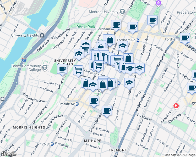 map of restaurants, bars, coffee shops, grocery stores, and more near in The Bronx