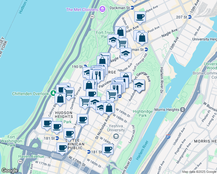 map of restaurants, bars, coffee shops, grocery stores, and more near 82-76 Wadsworth Terrace in New York