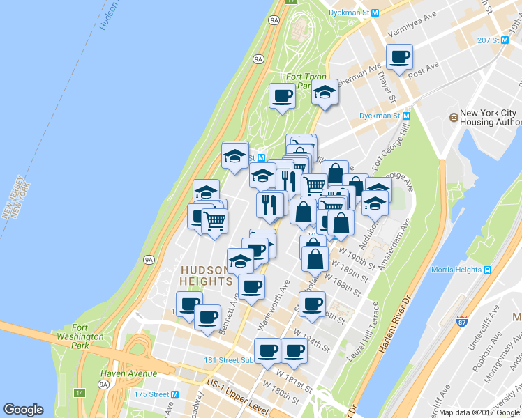 map of restaurants, bars, coffee shops, grocery stores, and more near in New York