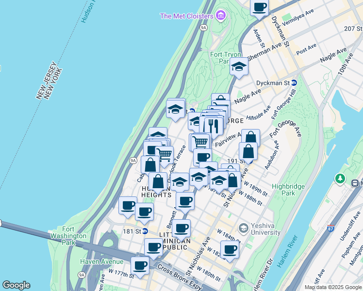 map of restaurants, bars, coffee shops, grocery stores, and more near in New York