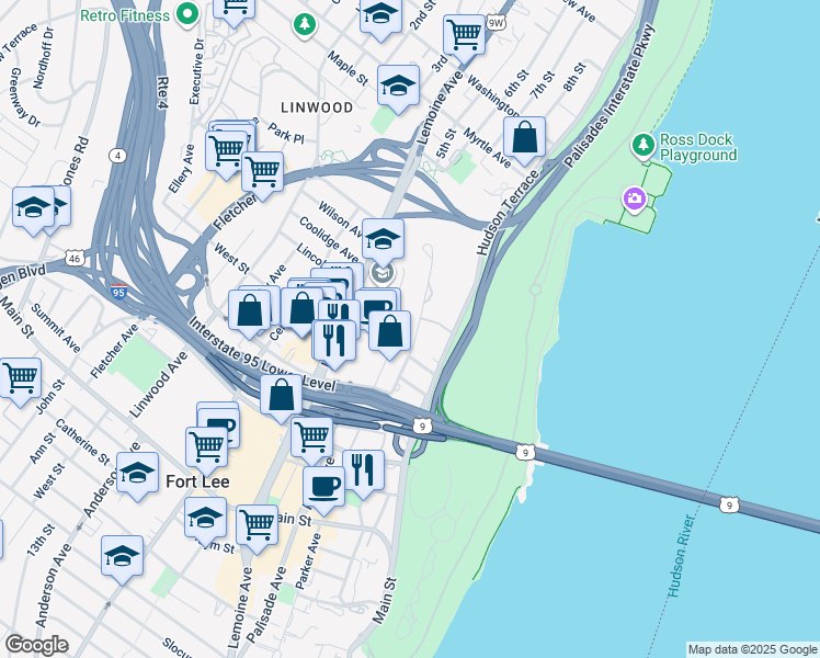 map of restaurants, bars, coffee shops, grocery stores, and more near 2193 North Central Road in Fort Lee