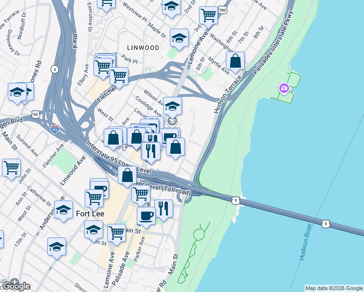 map of restaurants, bars, coffee shops, grocery stores, and more near 2193 North Central Road in Fort Lee