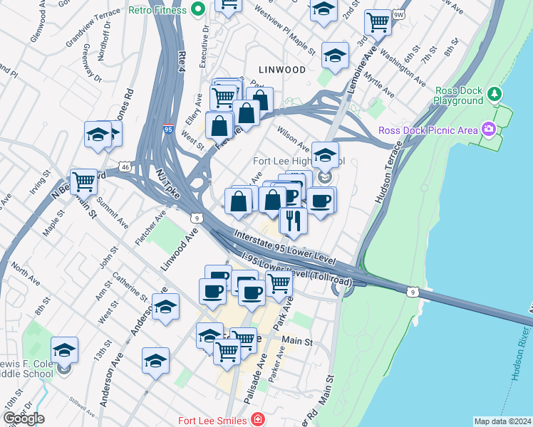 map of restaurants, bars, coffee shops, grocery stores, and more near 2160 Center Avenue in Fort Lee